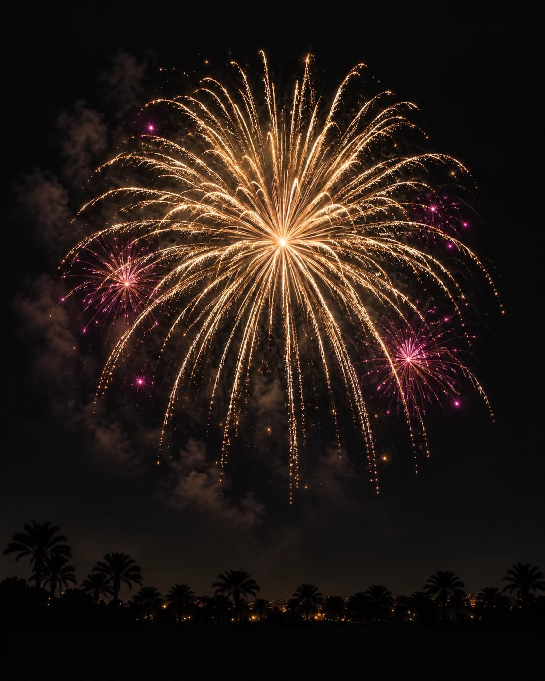 Ilustración de fuegos artificiales dorados y magenta sobre siluetas de palmeras